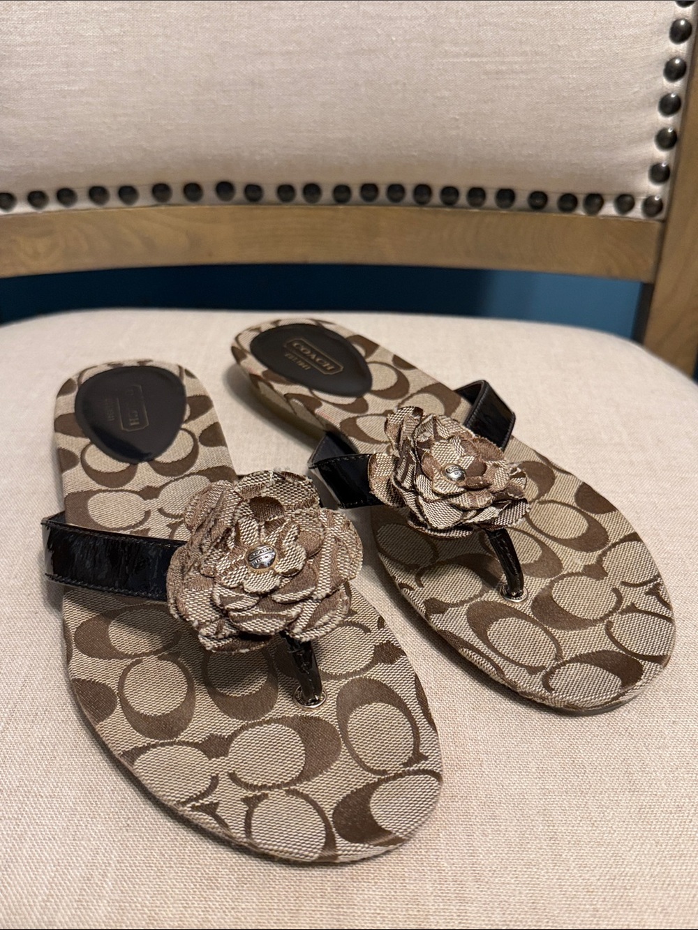 Coach “Samira” Signature Canvas Floral Thong Sandals, Size 9.5B
